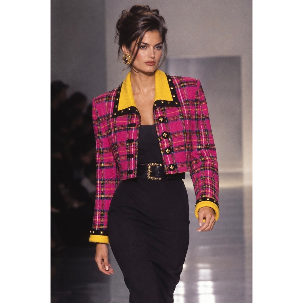 Vintage Genny Italy Magenta Plaid Cropped Jacket Studded Contrast Trim Size 42